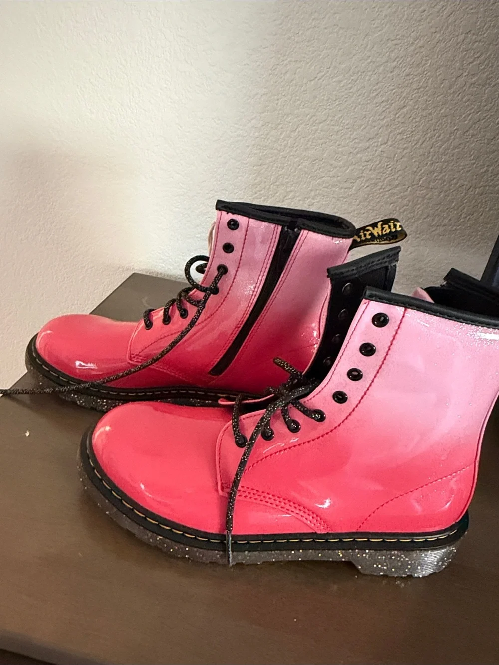 Dr. Martens Pink Ombre Patent Combat Boots with Glitter Sole